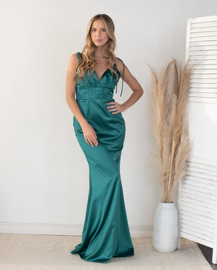 Vestido Largo de Fiesta Ariana Corset Verde Oscuro