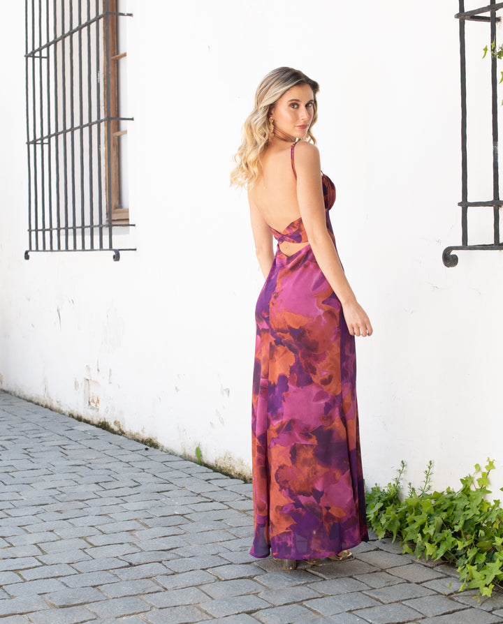 Vestido Largo de Fiesta Moscú Estampado Fondo Morado