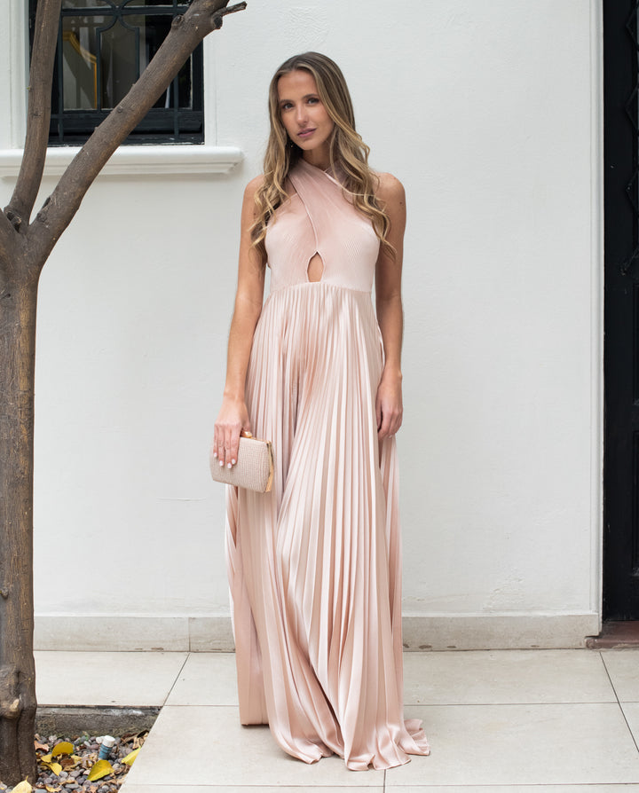 Vestido Largo de Fiesta Toscana Plisado Rose Gold