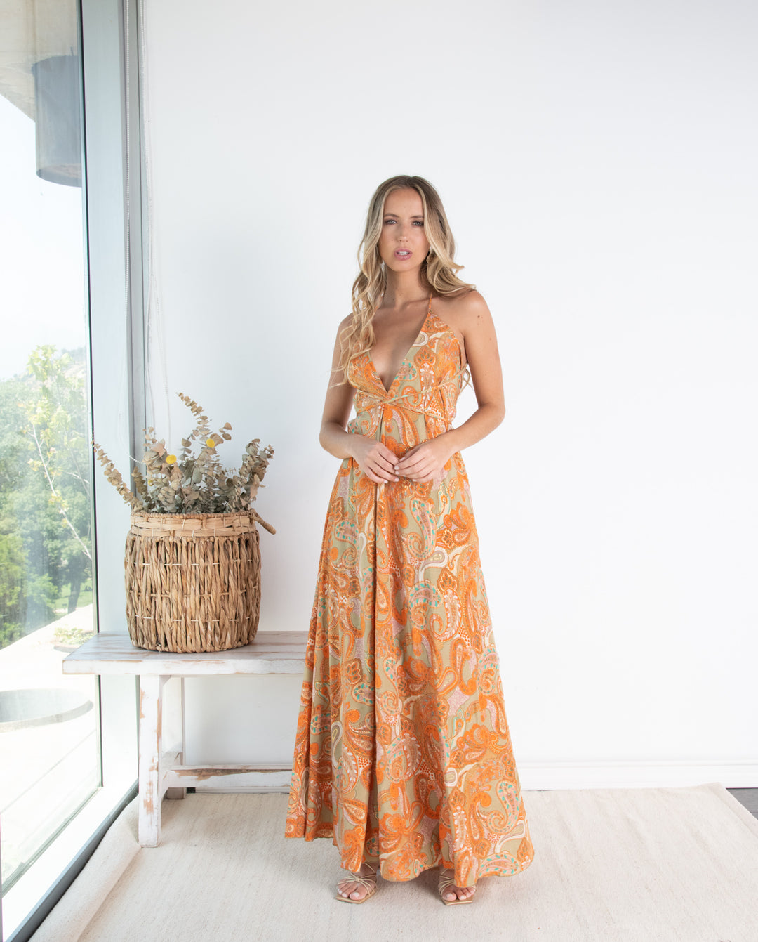 Vestido Largo Arya Liso Naranjo/Turquesa – MI PLACARD