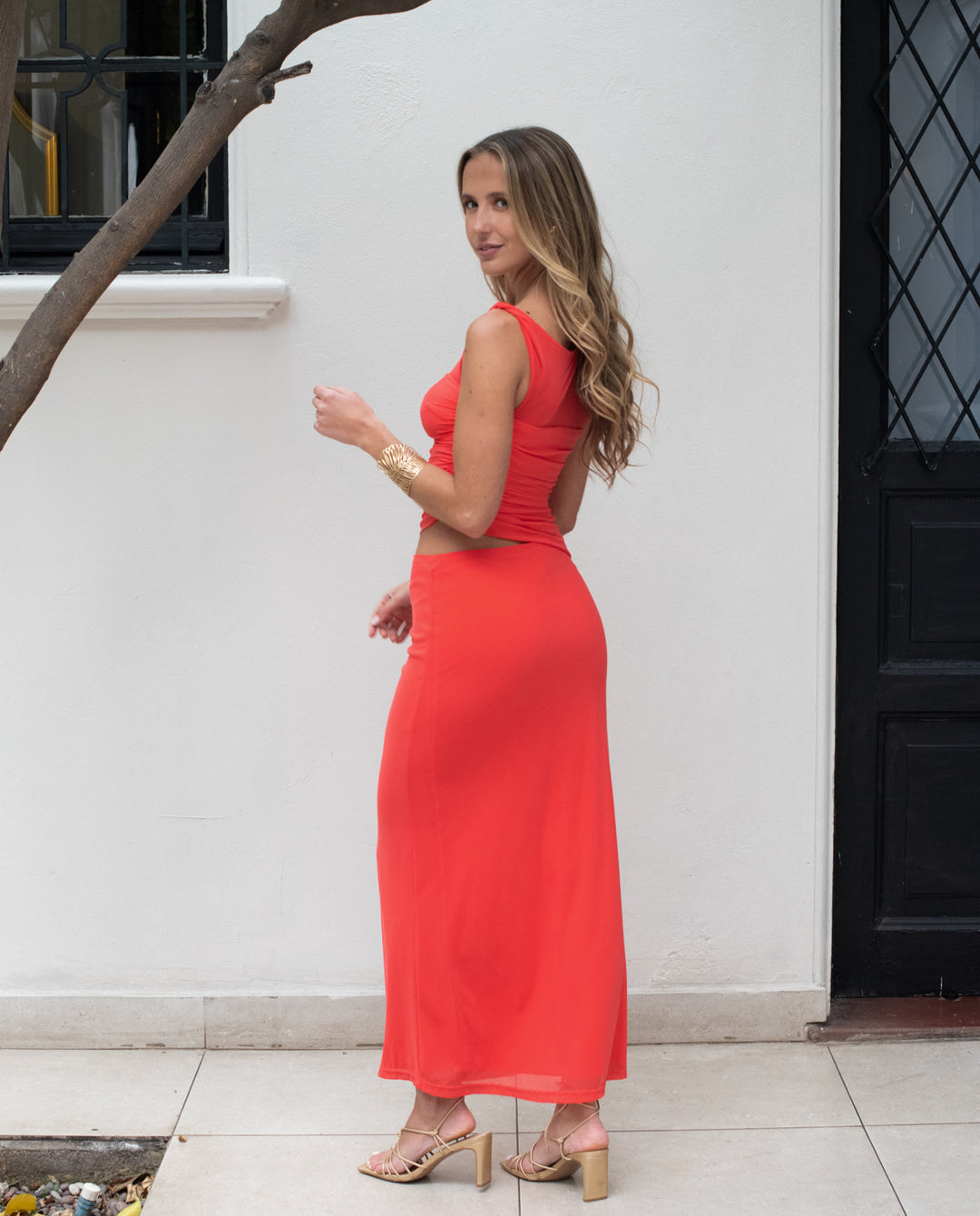 Vestido Largo de Fiesta Luana Cut Out Coral