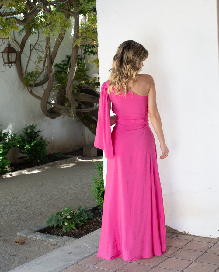 Vestido Largo de Fiesta Lola una Manga Fucsia