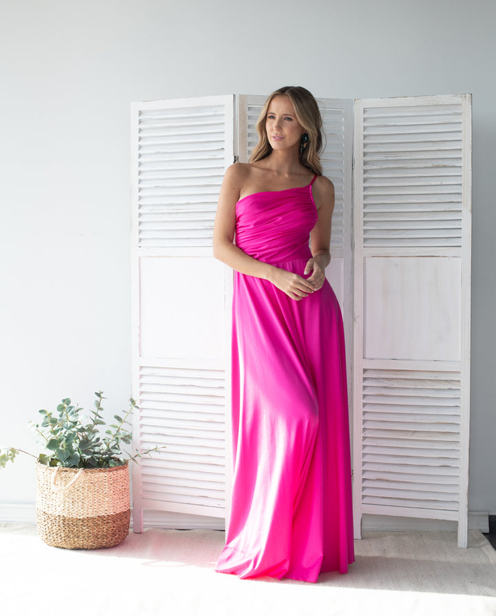 Vestido Largo de Fiesta Loreto Asimetrico Fucsia
