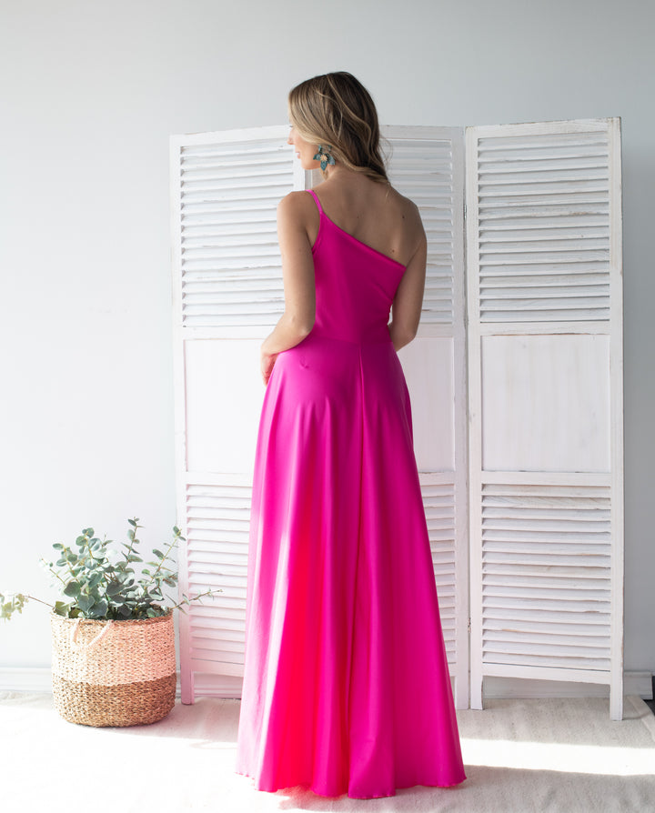 Vestido Largo de Fiesta Loreto Asimetrico Fucsia