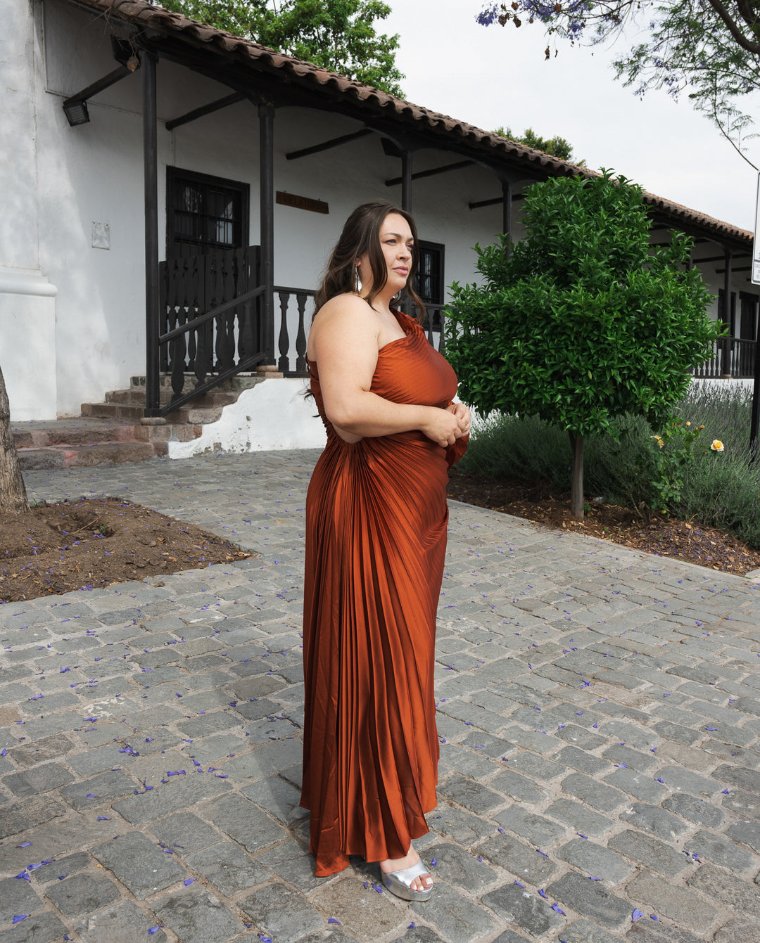 Vestido Largo de Fiesta Lucía Una Manga Terracota