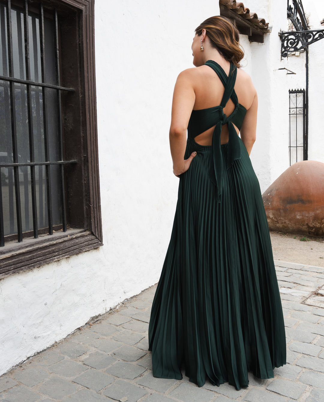 Vestido Largo de Fiesta Toscana Plisado Verde Oscuro