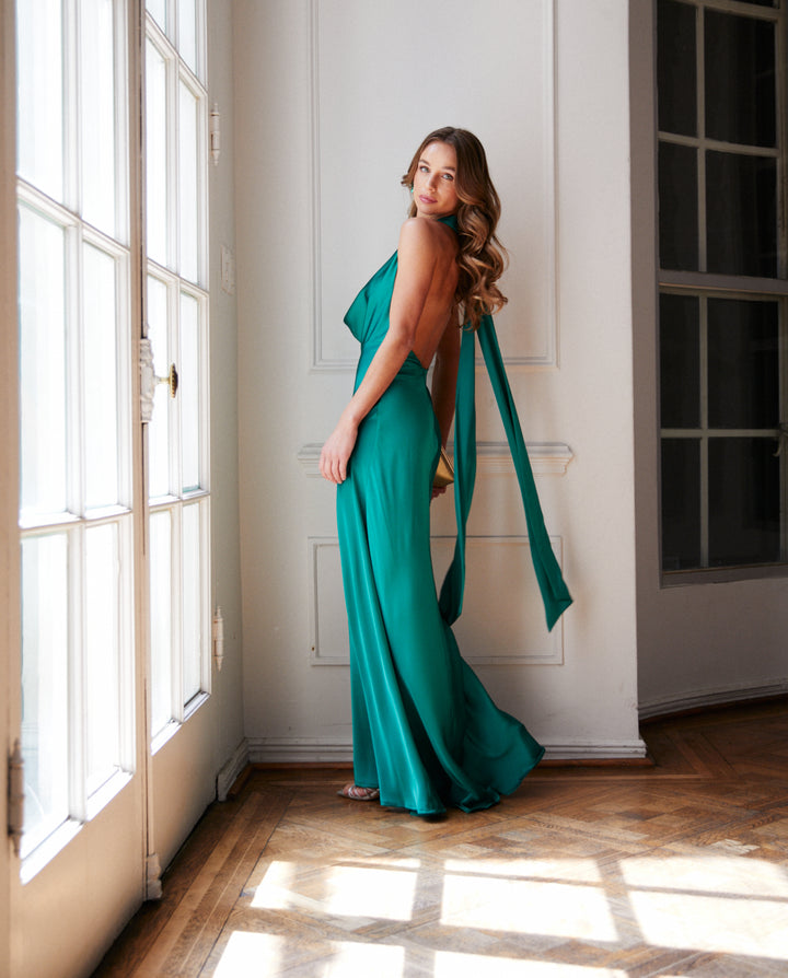 Vestido Largo de Fiesta Budapest Escote Drapeado Verde