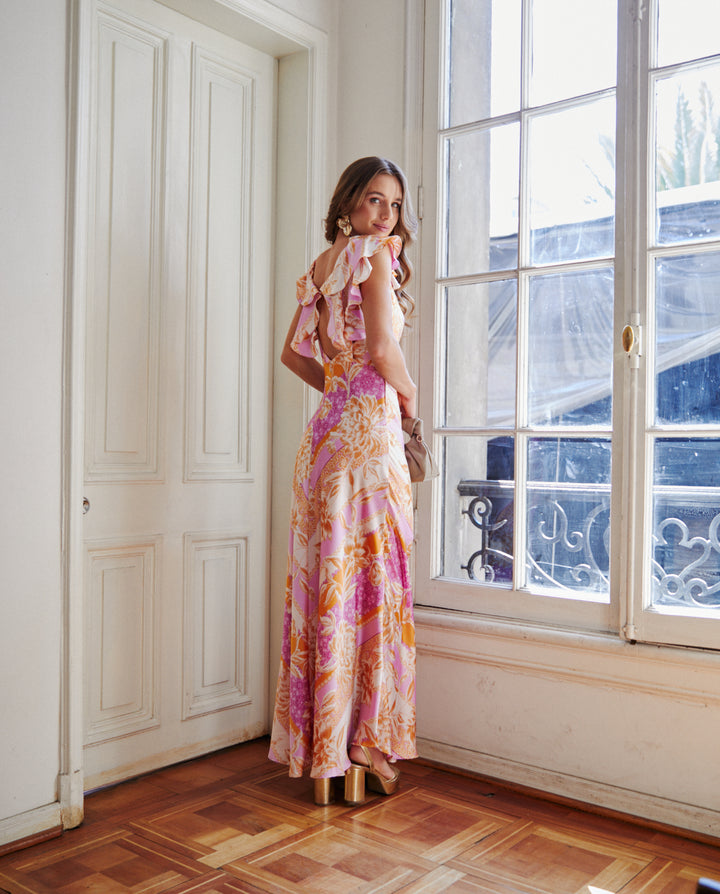 Vestido Largo de Fiesta Canela Fondo Rosado