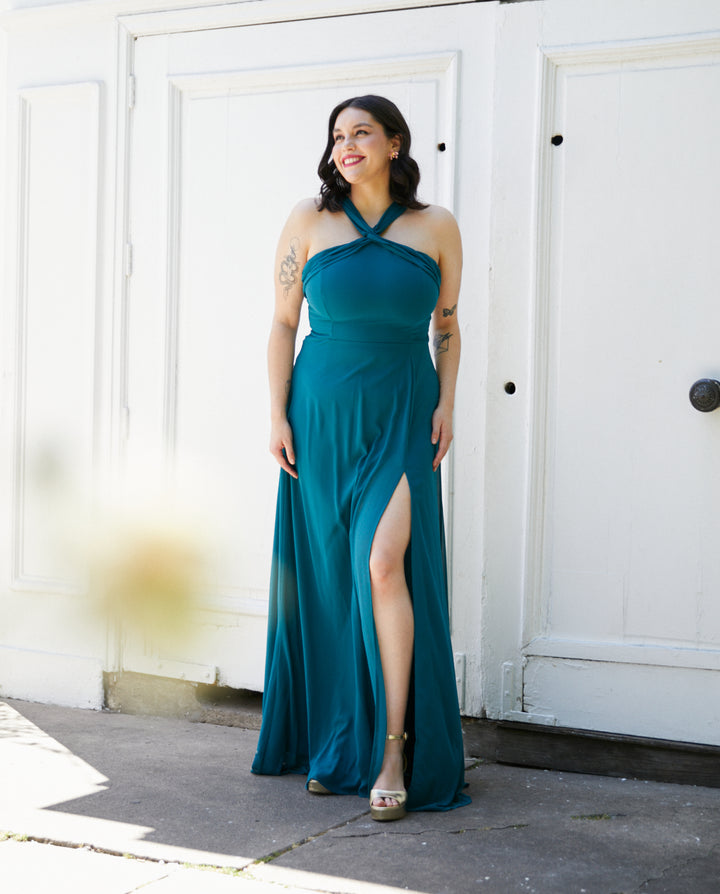 Vestido Largo de Fiesta Elisa Halter Turquesa Oscuro