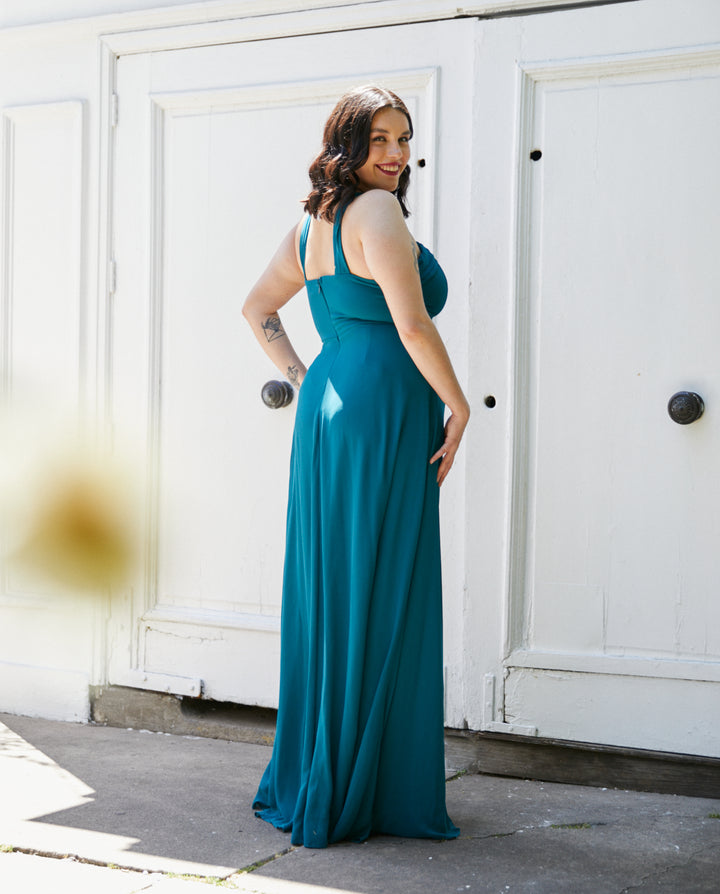 Vestido Largo de Fiesta Elisa Halter Turquesa Oscuro