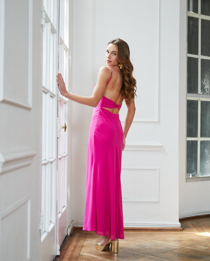 Vestido Largo de Fiesta Moscú Gasa Fucsia