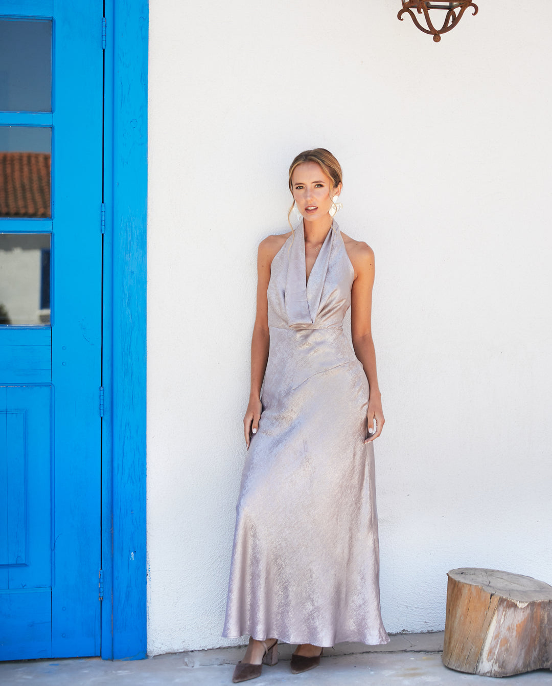 Vestido Largo de Fiesta Loreta Arena Metalizado