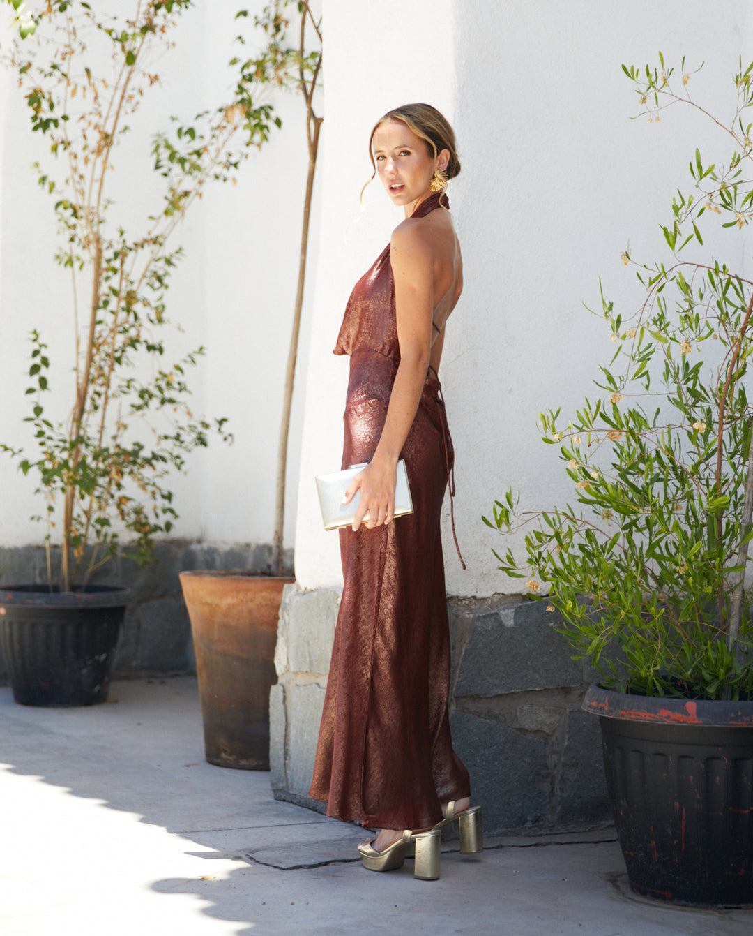 Vestido Largo de Fiesta Loreta Chocolate Metalizado