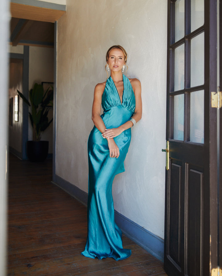 Vestido Largo de Fiesta Maria Fernanda Turquesa Claro