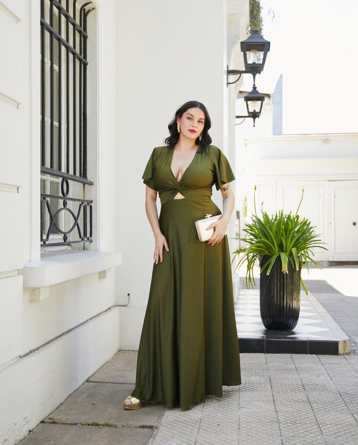 Vestido Largo de Fiesta Meli Mangas Verde Olivo