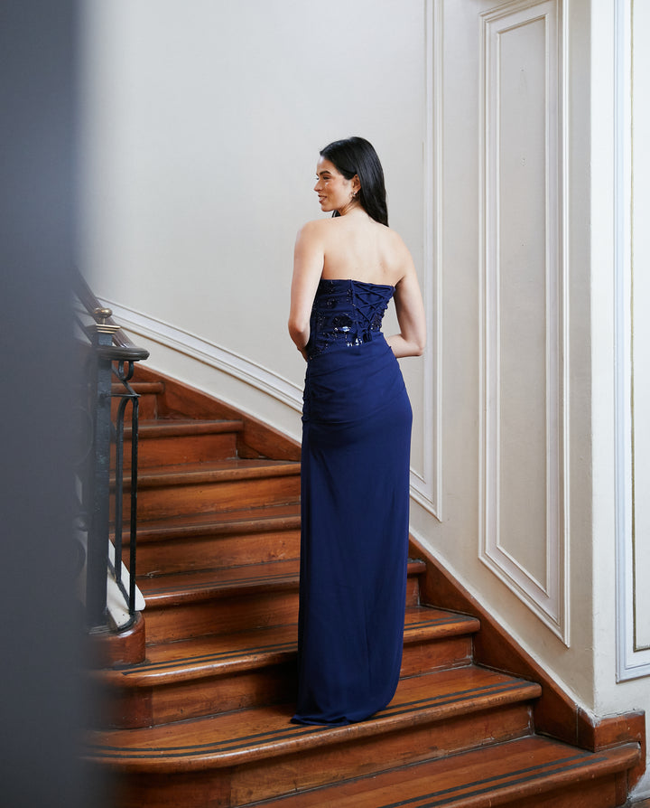 Vestido Largo de Fiesta Mónica Azul Oscuro