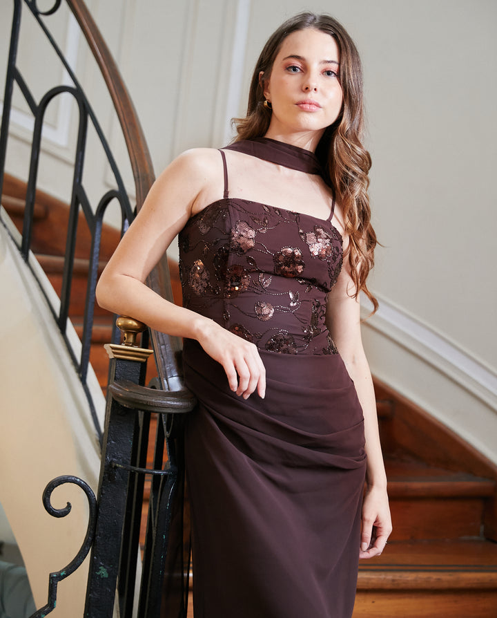 Vestido Largo de Fiesta Mónica Chocolate