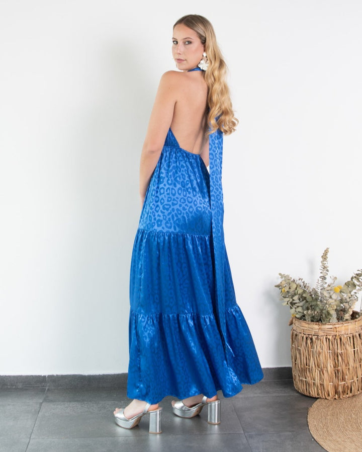 Vestido de Fiesta Largo Juana Leopardo Azul Royal