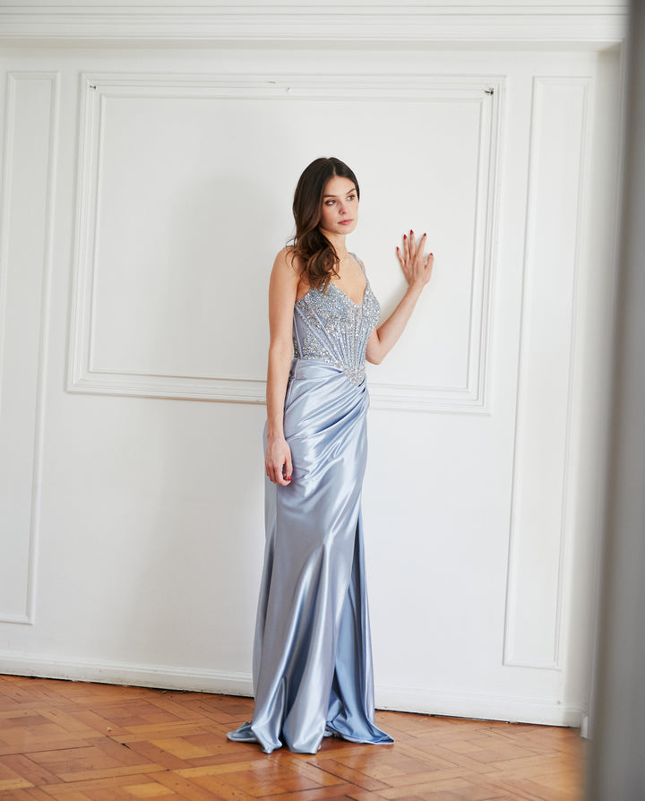 Vestido Largo de Fiesta Madrid Celeste