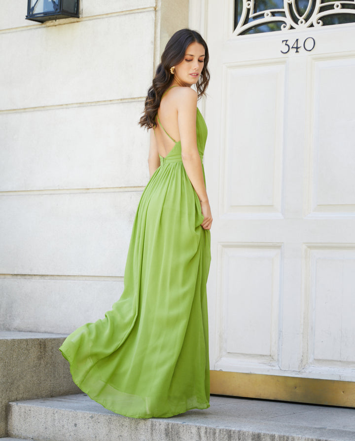 Vestido Largo de Fiesta Laura Gasa Verde Limón