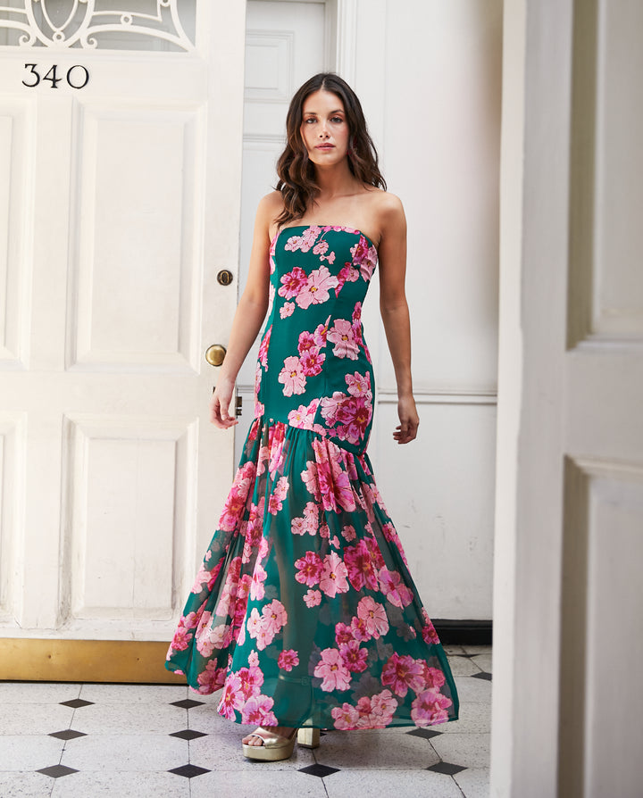 Vestido Largo de Fiesta Amapola Fondo Verde