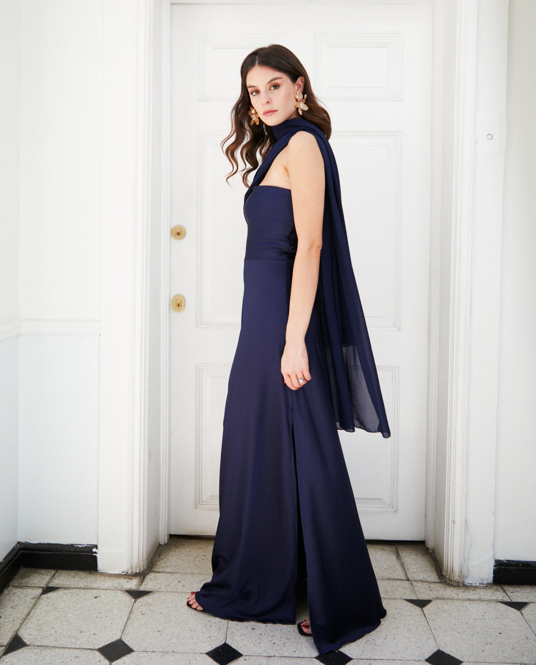 Vestido Largo de Fiesta Gabriela Lazos Gasa Azul Oscuro