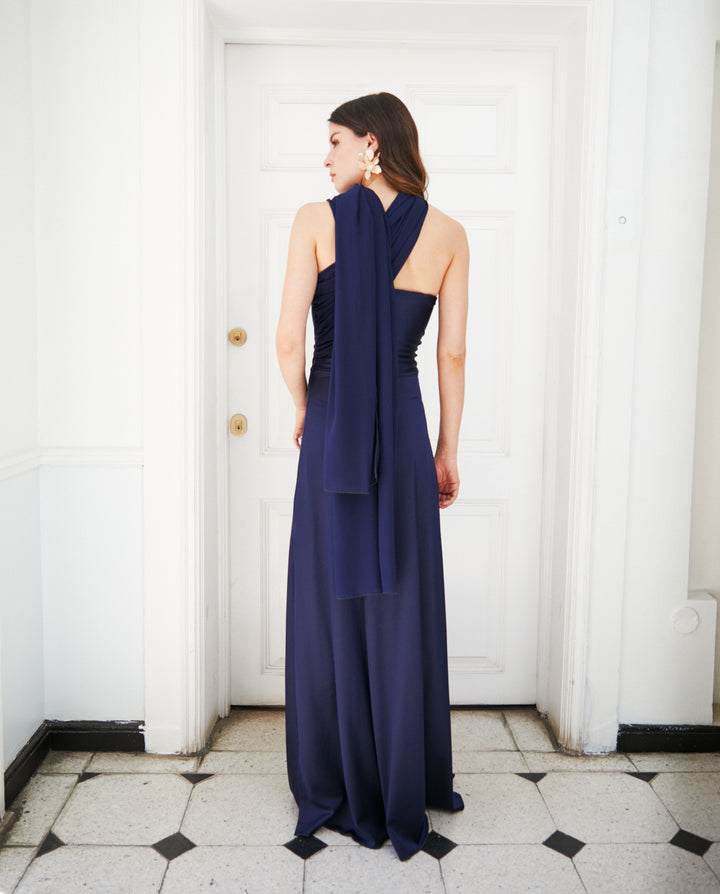 Vestido Largo de Fiesta Gabriela Lazos Gasa Azul Oscuro