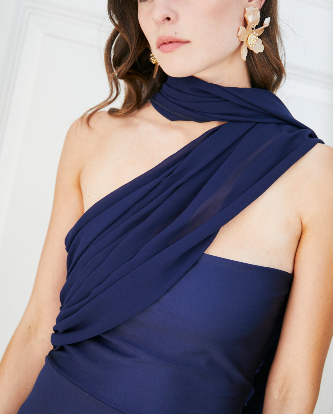 Vestido Largo de Fiesta Gabriela Lazos Gasa Azul Oscuro