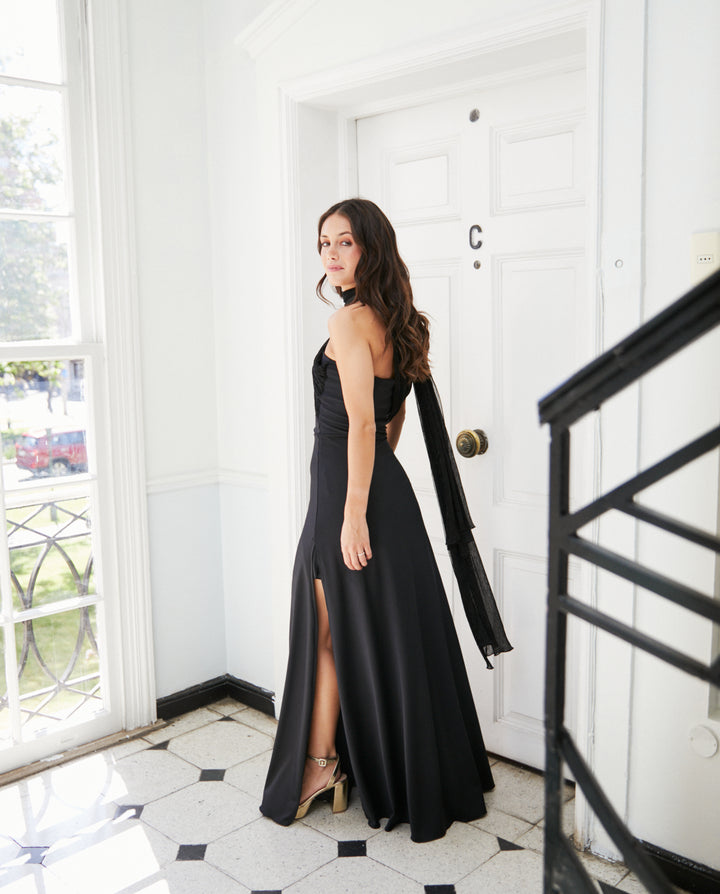 Vestido Largo de Fiesta Gabriela Lazos Transparentes Brillantes Negro