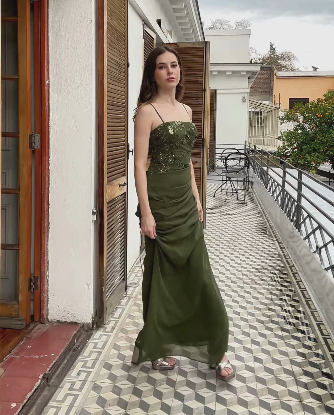 Vestido Largo de Fiesta Mónica Verde Olivo