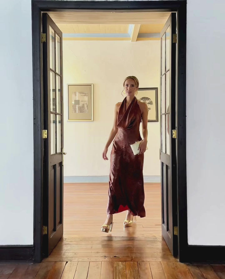 Vestido Largo de Fiesta Loreta Chocolate Metalizado