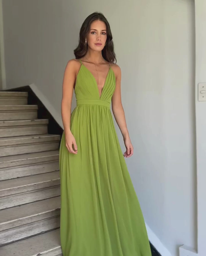 Vestido Largo de Fiesta Laura Gasa Verde Limón