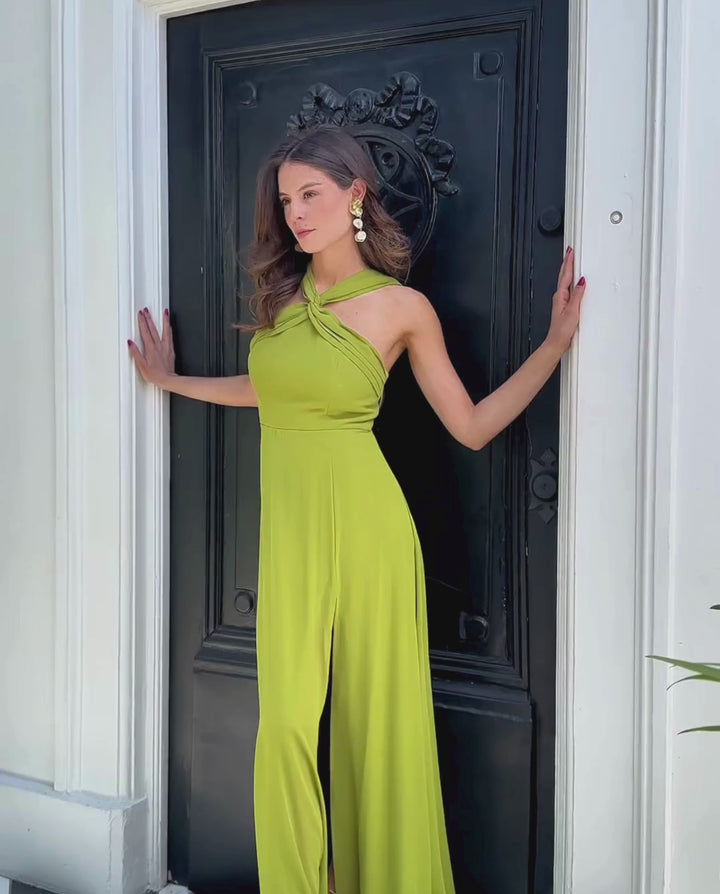 Vestido Largo de Fiesta Elisa Halter Verde Limón
