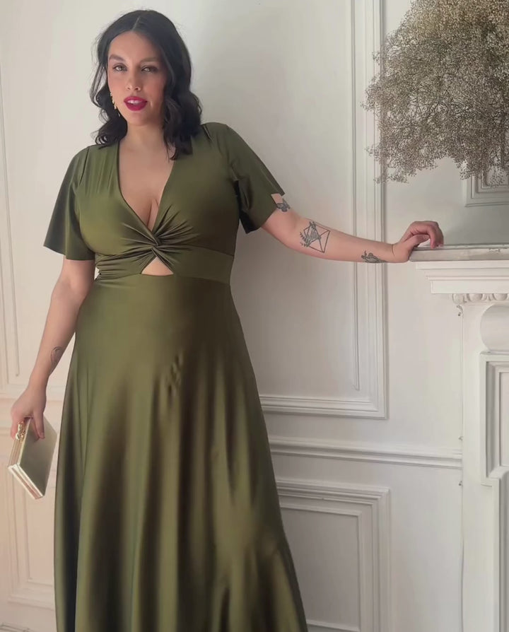 Vestido Largo de Fiesta Meli Mangas Verde Olivo