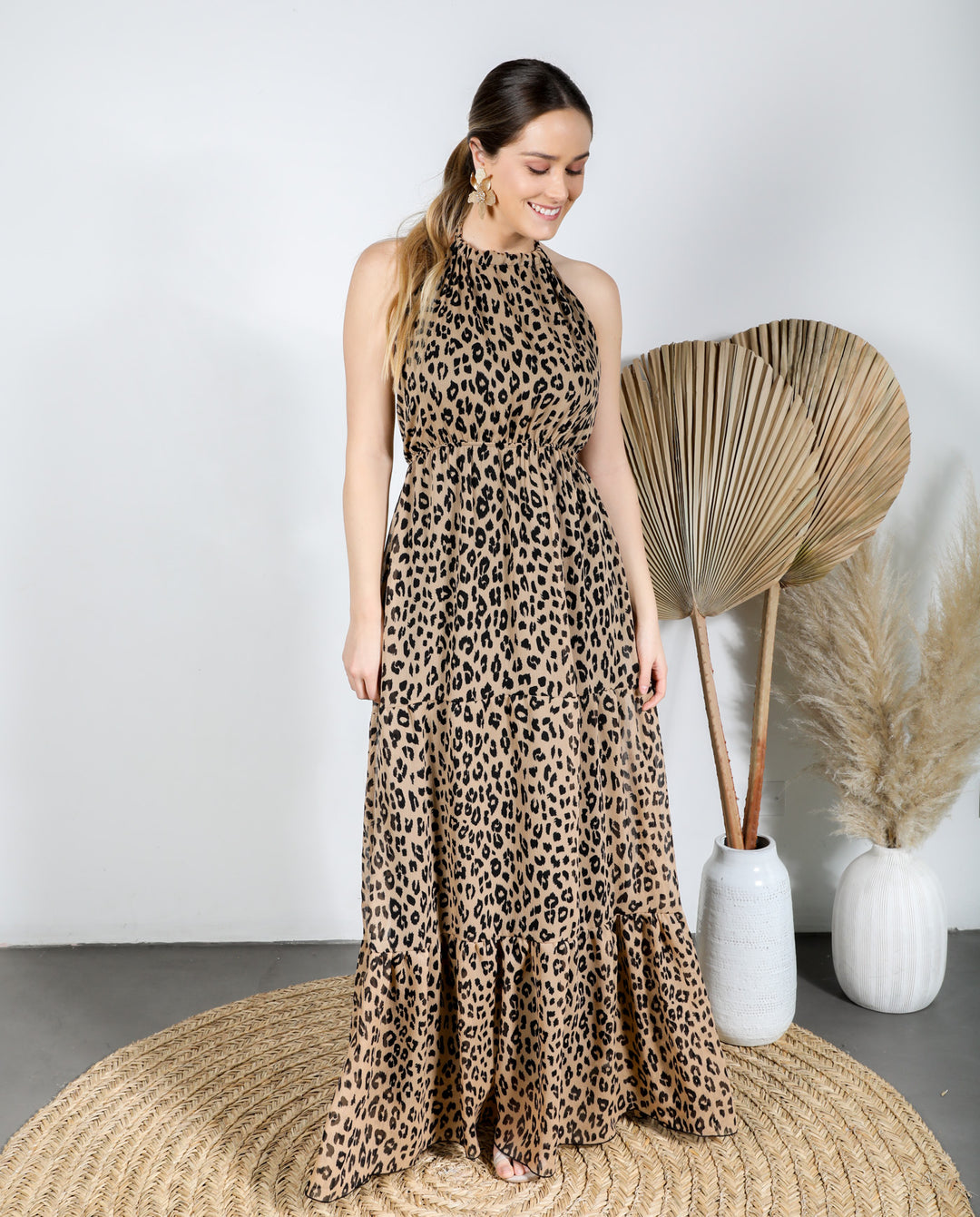 Vestido De Fiesta Largo Juana Gasa Leopardo Fondo Cafe – MI PLACARD