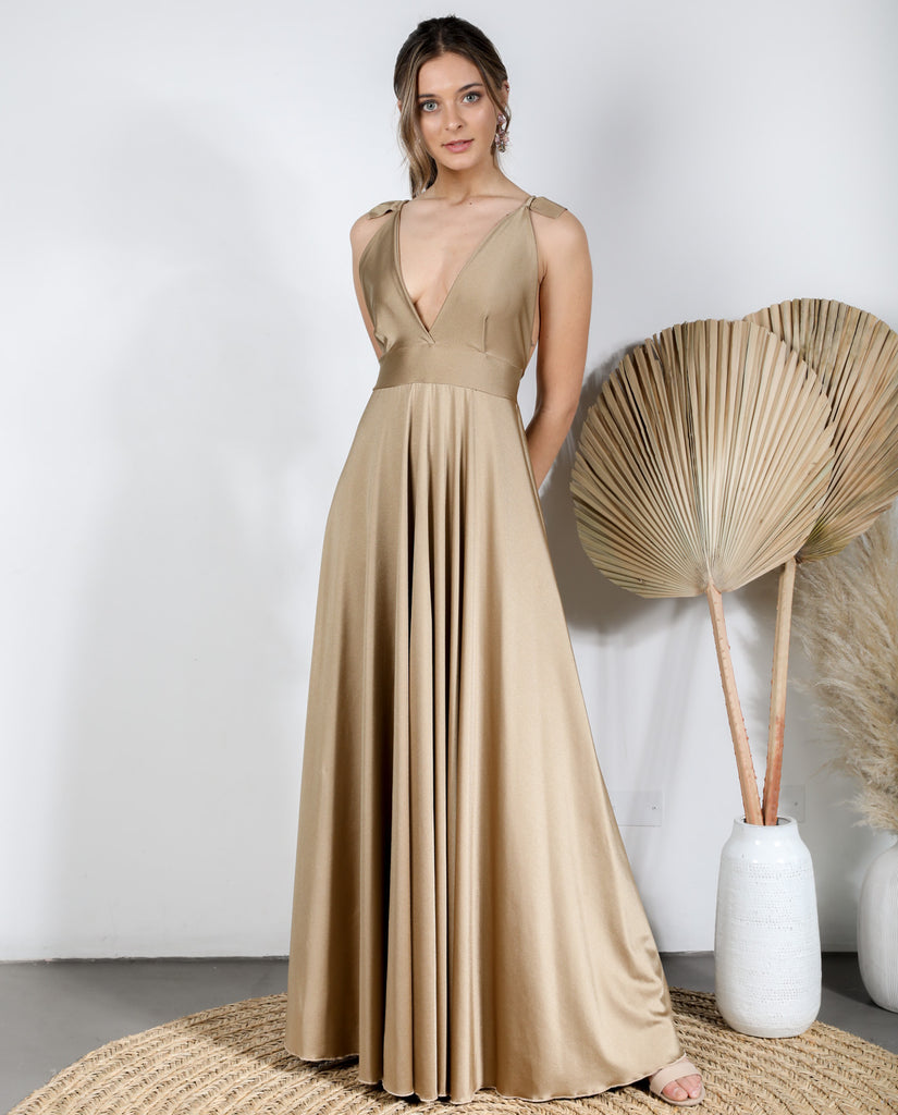 Vestido Elegante Vestidos Color Beige Con Dorado Fiesta Vestidos