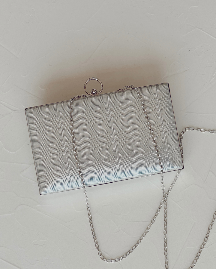 CLUTCH LORENZA RECTANGULAR CON BROCHE ANILLO PLATEADO