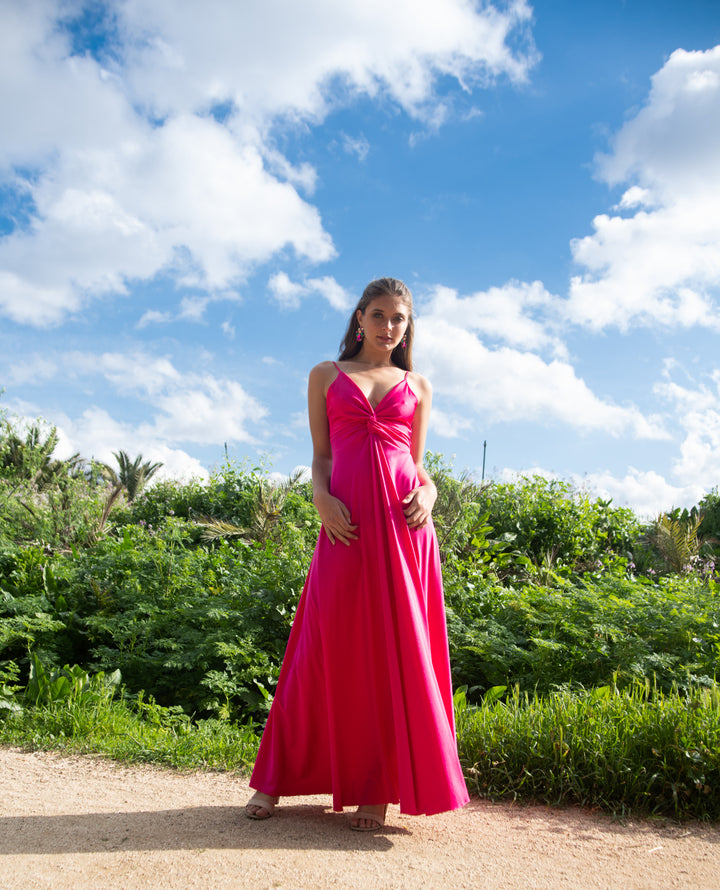 Vestido Largo de Fiesta Nudo Fucsia