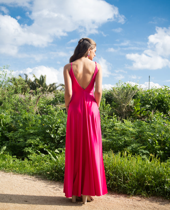 Vestido Largo de Fiesta Nudo Fucsia