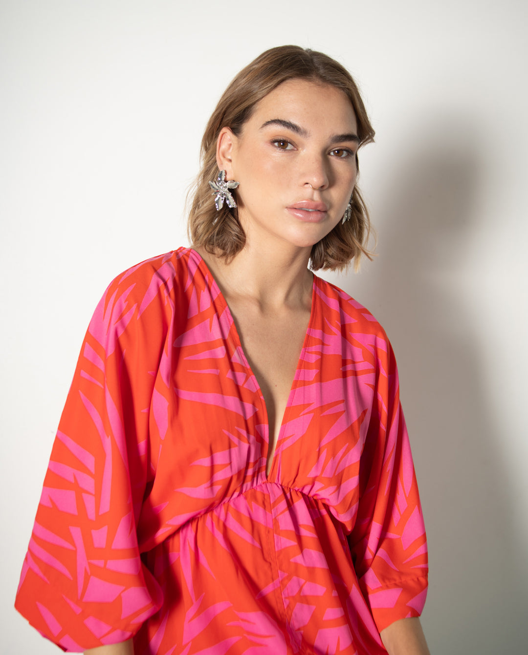 VESTIDO DE FIESTA LARGO POLA FUCSIA Y ROJO