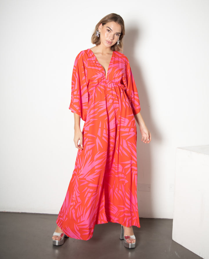 VESTIDO DE FIESTA LARGO POLA FUCSIA Y ROJO