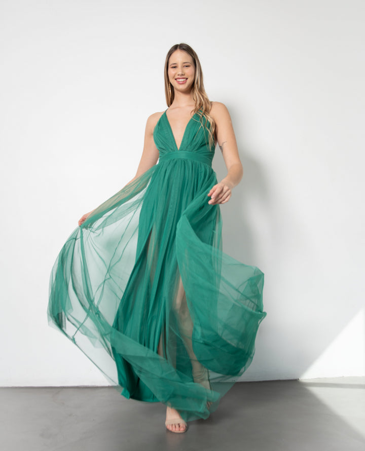 VESTIDO LARGO LAURA TUL VERDE ESPERANZA