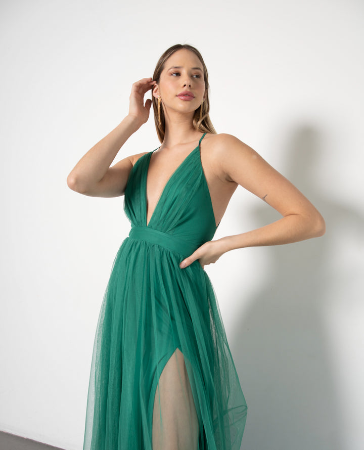 VESTIDO LARGO LAURA TUL VERDE ESPERANZA